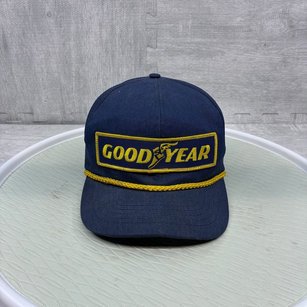 Vintage Goodyear Racing Hat Cap Snapback Navy Blue Yellow Rope Trucker